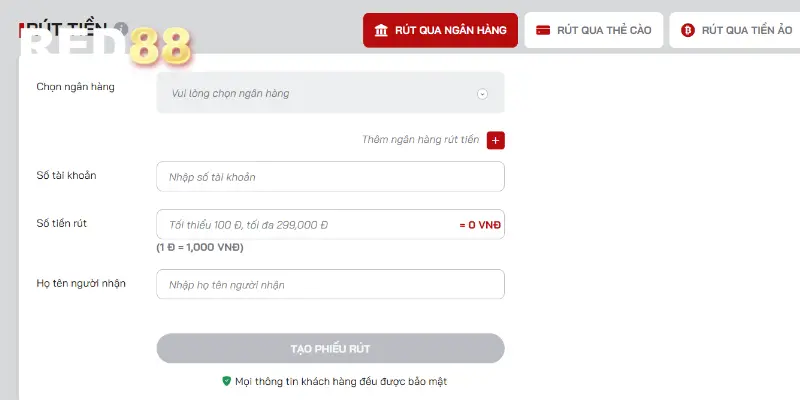 Hướng Dẫn Cách Rút Tiền RED88 Về Túi An Toàn Bảo Mật 1 Rút tiền tại RED88 rất an toàn và nhanh chóng